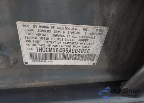 2005 Honda Accord 2.4 Lx from USA, damaged, VIN 1HGCM56465A004856